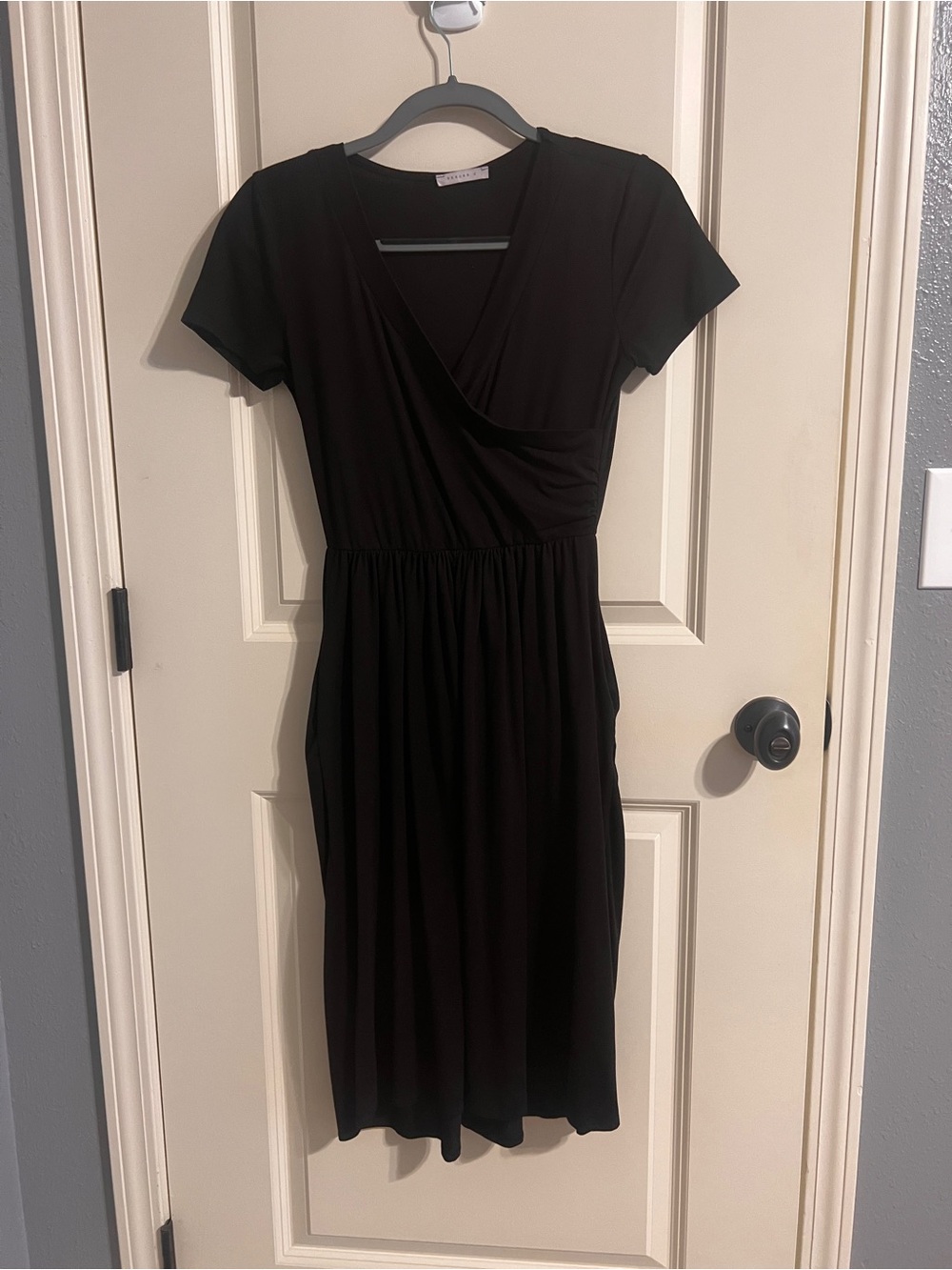 Reborn Black Wrap-Front Short Sleeve Midi Dress